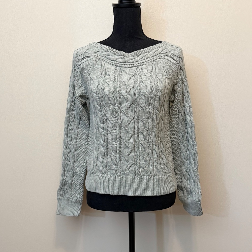 Lucky Brand Women XS Braid Cable Knit Cotton Sweater Green Boat Neck Long Sleeve